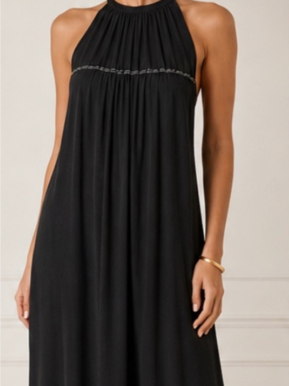 NWOT| Helmut Lang | Black Gathered Halter Dress with Silver Trim | Size XS